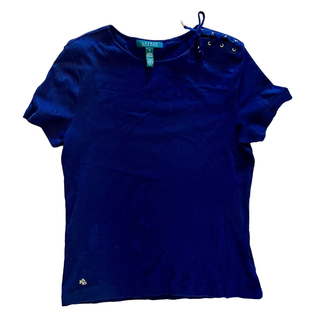 Lauren Ralph Lauren Women Med Short Sleeve Top Lace Up shoulder Cotton Navy Blue